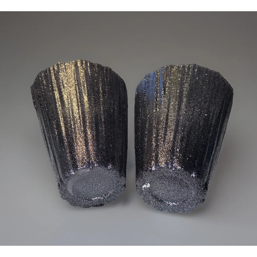 New 2 Jammaro Gunmetal Silver Glitter Glass Hand Made in Italy Asymmetrical Vase